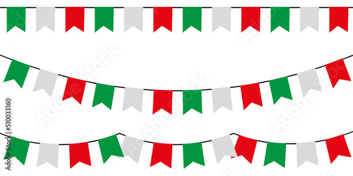 Obraz na płótnie Green white and red. Multicolored party garlands with pennants. Vector buntings set II. w salonie