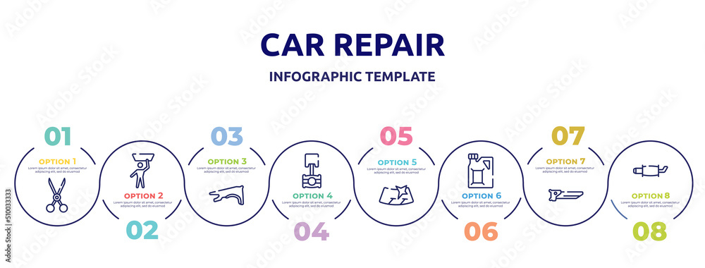 car repair concept infographic design template. included shears, null, fender, piston, windshield, gasoline, carpenter saw, exhaust pipe icons and 8 option or steps.