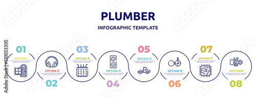 plumber concept infographic design template. included door and window, ear protection, fuse box, electric socket, steamroller, open compass, motherboard lines, pump icons and 8 option or steps.