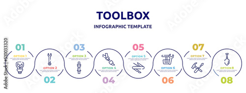 toolbox concept infographic design template. included ecologic light bulb, repair wrench, seat belt, seatbelt, swiss knife, pedals, repair tools cross, gardening palette icons and 8 option or steps.