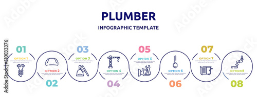 plumber concept infographic design template. included screw, hood, dustpan and brush, lifter, side mirror, working shovel, vise, junction icons and 8 option or steps.