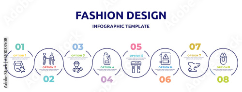 fashion design concept infographic design template. included weld, glassblowing, plumber, detergent, water filter, electrical panel, bidet, handheld icons and 8 option or steps.