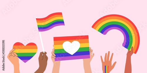 People hold a flags with an LGBT rainbow during the celebration of pride month against violence, descriptions, human rights violations. Concept of Equality and self-affirmation. Vector illustration.