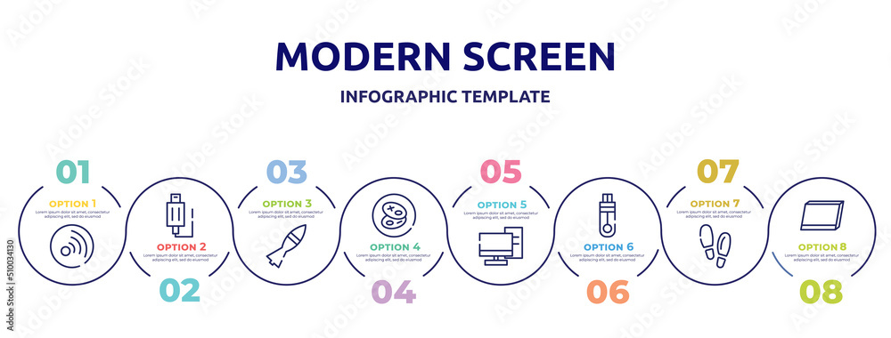 modern screen concept infographic design template. included rss updates subscription, usb plug, missile war weapon, cookies, server from client, memory stick, footsteps, tablet screen in perspective