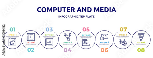 computer and media concept infographic design template. included mouse pointer, spreadsheet with sum, keyboard key with number 2, synchronized devices, chart gantt, email upload, spreadsheet chart,