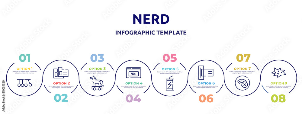 nerd concept infographic design template. included newton cradle, case data, trojan horse, 404, energy drink, card reader, connection error, comic icons and 8 option or steps.