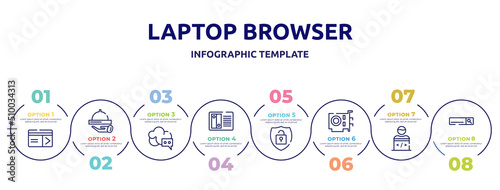laptop browser concept infographic design template. included keycard, hotel service, cloud messaging, nas, theft, vga card, programmer, search bar icons and 8 option or steps.
