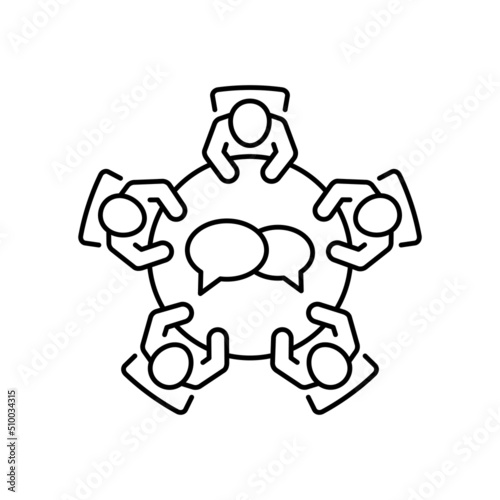 Brainstorming and teamwork icon. Business meeting. 
Discussion group. Debate team. Group of people  sitting around a table working together on new creative projects.