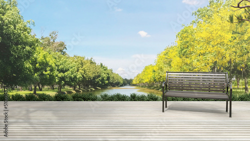 background of outdoor lounging terrace and sofa bench with beautiful park view , 3D illustration rendering