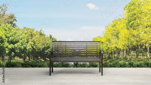 Fototapeta Naklejka Na Ścianę i Meble -  background of outdoor lounging terrace and sofa bench with beautiful park view , 3D illustration rendering