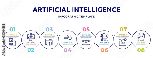 artificial intelligence concept infographic design template. included diagtic tool, spyware, webpage, touchpad, network hub, battery status, webinar, hologram icons and 8 option or steps.