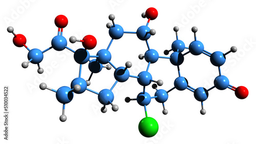 3D image of Alclometasone dipropionate skeletal formula - molecular chemical structure of skin medicament isolated on white background photo