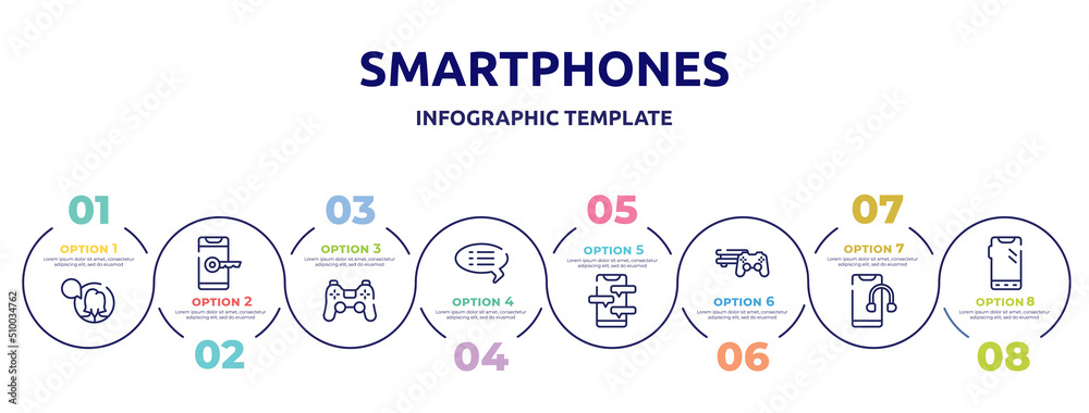 smartphones concept infographic design template. included female user talking, phone with keys, ps4 controller, black speech bubble, phone chat, video game console ps4, smartphone headphones, phone smartphones concept infographic design template. included female user talking, phone with keys, ps4 controller, black speech bubble, phone chat, video game console ps4, smartphone headphones, phone