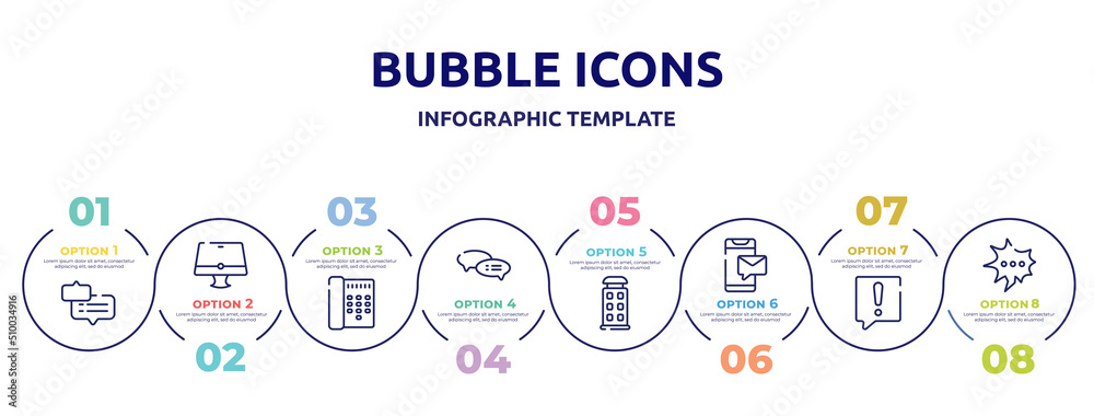 bubble icons concept infographic design template. included chat bubble with ellipsis, monitor, call director phone, speech bubble with ellipsis, phonebooth, message on phone, warning speech scream