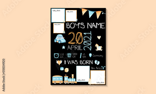 Children's posters, height, weight, date of birth. Vector illustration on toy train, cloud, baby supplies blue, black background. Illustration newborn metric for children's bedroom.