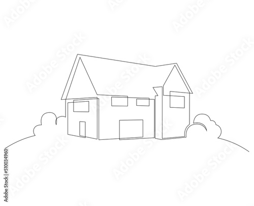 Simple country house surrounded by lush greenery in continuous line art drawing style. Suburban home minimalist design isolated on white background. Vector illustration.