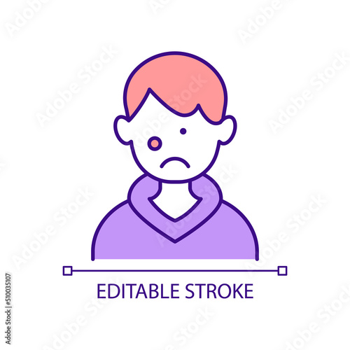 Teenager suffering from acne RGB color icon. Puberty pimples. Hormonal changes in teens. Blackheads on face. Isolated vector illustration. Simple filled line drawing. Editable stroke. Arial font used