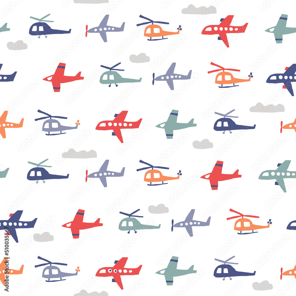 Cute seamless pattern with color planes and helicopters