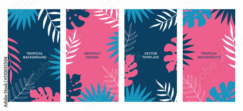 Vector tropical summer set of social media story design templates. Minimalistic style. Abstract prints for cover templates, banners, backgrounds, packaging, branding, advertising.