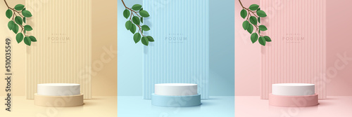 Set of pink, yellow, blue room with realistic 3d cylinder podium and green leaf on vertical pattern scene. Abstract minimal scene for mockup products display, Stage showcase. Vector geometric forms.