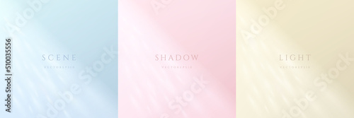 Fototapeta Set of blue, pink, yellow beige background with window light and leaf shadow overlay