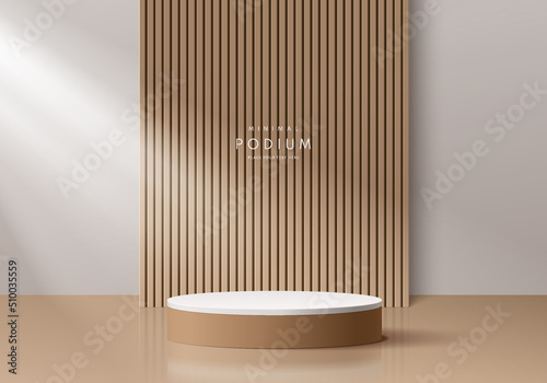 Fototapeta Naklejka Na Ścianę i Meble -  Realistic brown wood and white 3D cylinder pedestal podium with vertical wood pattern background. Abstract minimal scene for mockup products, stage showcase, promotion display. Vector geometric forms.