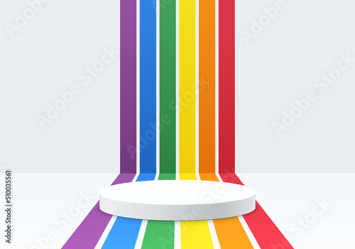 Realistic white cylinder pedestal podium with perspective stripes in rainbow color. Lgbtq concept. Abstract minimal scene for mockup products, stage showcase, promotion display. Vector geometric forms