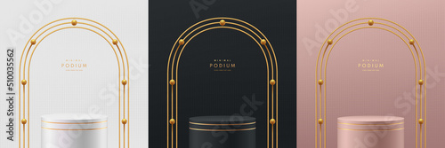 Set of 3D abstract room with stand podium. Black, gold, silver and pink gold geometric forms with golden arch and beads. Luxury scene for mockup products display. Stage Showcase. Vector Illustration.
