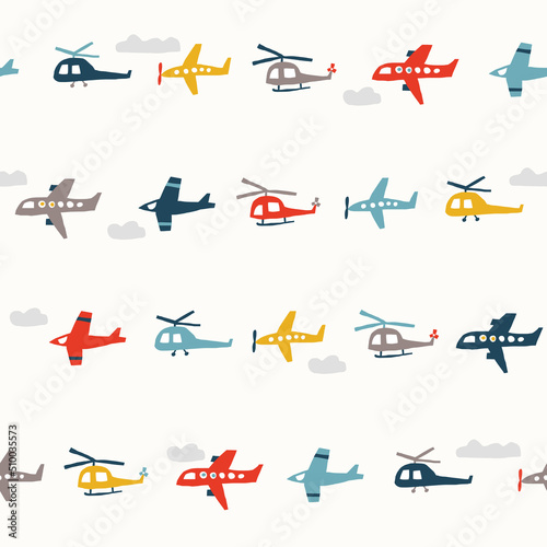 Cute seamless pattern with color planes and helicopters