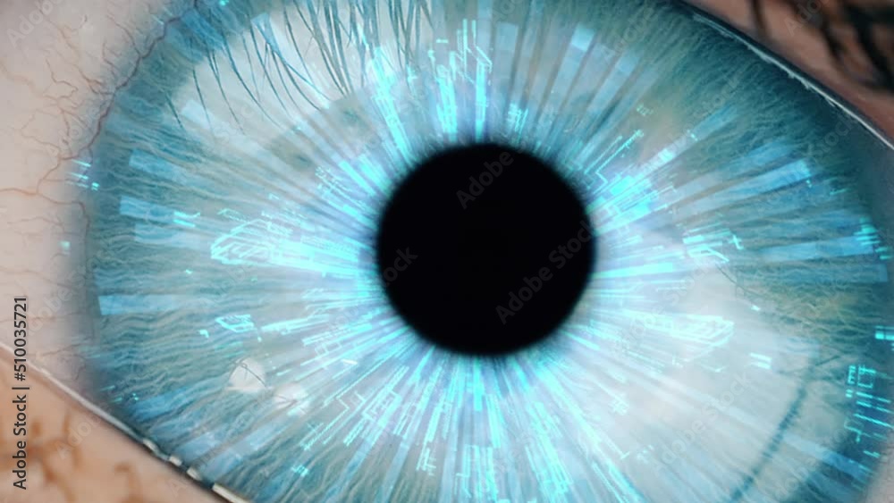 Bionic human eye retinal scanning. Contact lens hud interface. Zoom in to eyeball with augmented reality.