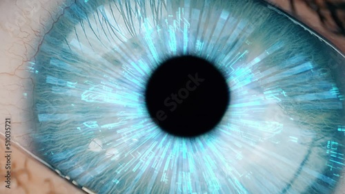 Bionic human eye retinal scanning. Contact lens hud interface. Zoom in to eyeball with augmented reality. photo