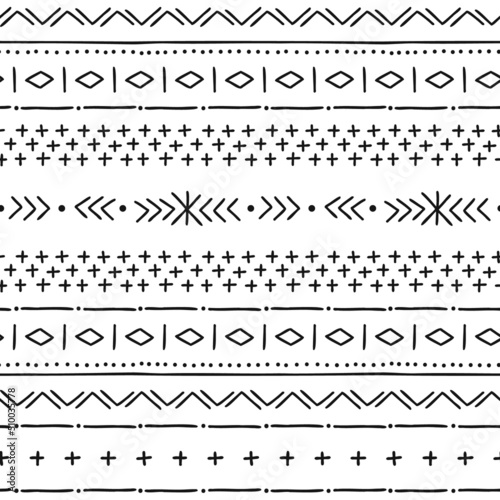 African mud cloth tribal ethnic hand drawn vector seamless pattern. Boho traditional black and white ornament. Folk horizontal stripes background perfect for home fabric textile wall paper design.