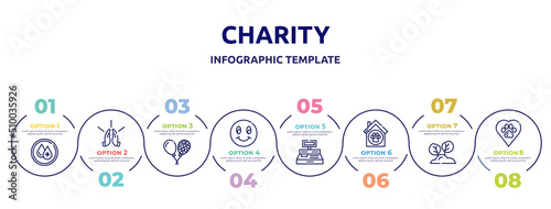 charity concept infographic design template. included clean water, praying, ballons, smiley face, cash box, animal shelter, reforestation, animal rights icons and 8 option or steps.