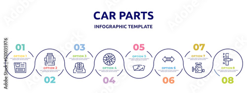 car parts concept infographic design template. included car glove compartment, car bucket seat, cowl, hubcap, windscreen, indicator, carburettor, transmission icons and 8 option or steps.