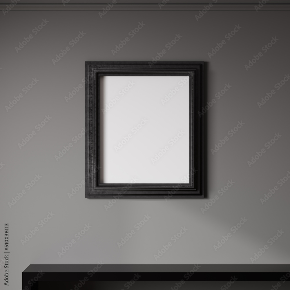 Black frame mockup on gray wall, empty poster frame mock up, 3d rendering Black frame mockup on gray wall, empty poster frame mock up, 3d rendering