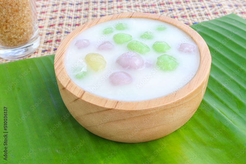 Thai dessert with colorful flour, milk and egg, rainbow tapioca Famous Thai dessert, Bualoy Thai dessert with colorful flour, milk and egg, rainbow tapioca Famous Thai dessert, Bualoy