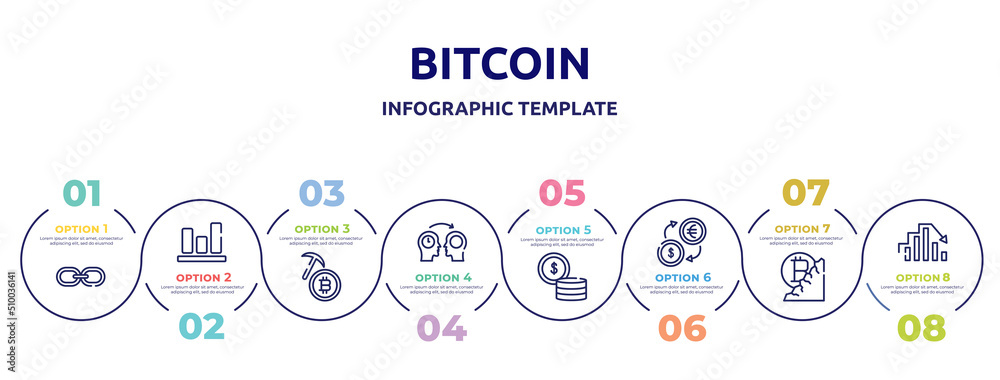 bitcoin concept infographic design template. included web link, bar graphic, bitcoin mining, mentor, money, money exchange, bitcoin mine, peak icons and 8 option or steps.