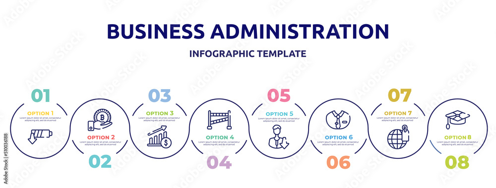 business administration concept infographic design template. included low energy, receive, raise, police line, low, dress code, trademark, mortarboard icons and 8 option or steps. business administration concept infographic design template. included low energy, receive, raise, police line, low, dress code, trademark, mortarboard icons and 8 option or steps.