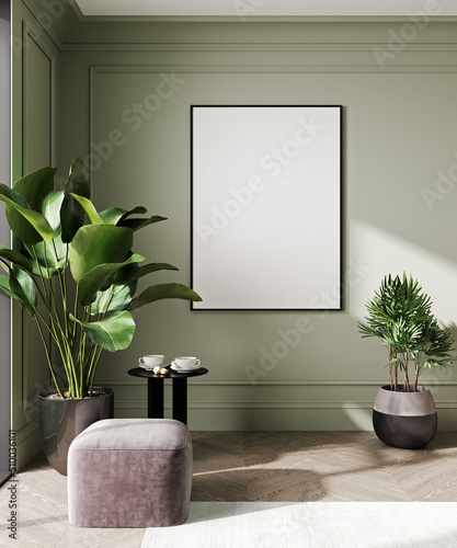 Blank vertical poster frame mock up in scandinavian style living room interior, modern living room interior background, pink pouf and plant, 3d rendering