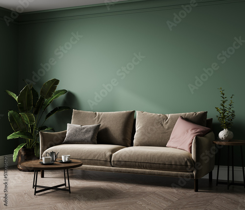 Empty green living room wall mockup with beige velvet sofa, pillow and plant on blank white interior background. Illustration, 3d rendering