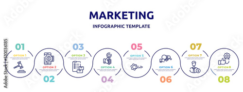 marketing concept infographic design template. included gavel, withdraw, customs, hand up, keyword, corruption, backer, best seller icons and 8 option or steps.