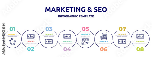 marketing & seo concept infographic design template. included trojan, low performance, film strip, graphic card, optimization, analytic, sport clothes, comments icons and 8 option or steps.