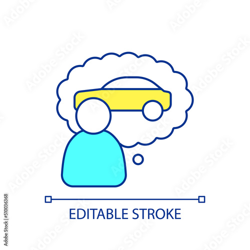 Customer transportation needs RGB color icon. Person dreaming of new car. Choosing automobile. Isolated vector illustration. Simple filled line drawing. Editable stroke. Arial font used