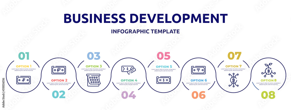 business development concept infographic design template. included launching, strategic, encrypted, productivity, intuitive, jigsaws, node, flowchart icons and 8 option or steps.