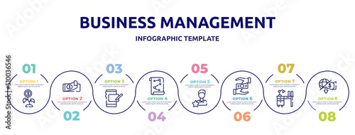 business management concept infographic design template. included decentralized, data analysis, chat bubble, bank online, cheque, oil barrel, hierarchical structure, cooperate icons and 8 option or