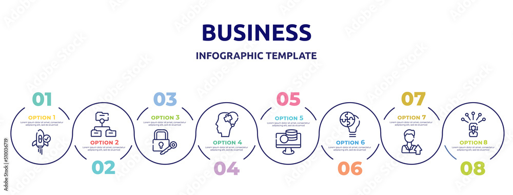 business concept infographic design template. included difference, suggestion, commission, digital key, miner, personal profile, dive, hierarchy structure icons and 8 option or steps.