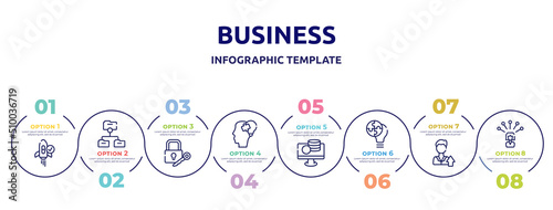 business concept infographic design template. included difference, suggestion, commission, digital key, miner, personal profile, dive, hierarchy structure icons and 8 option or steps.