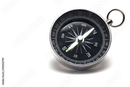 Closeup magnetic compass north south white background