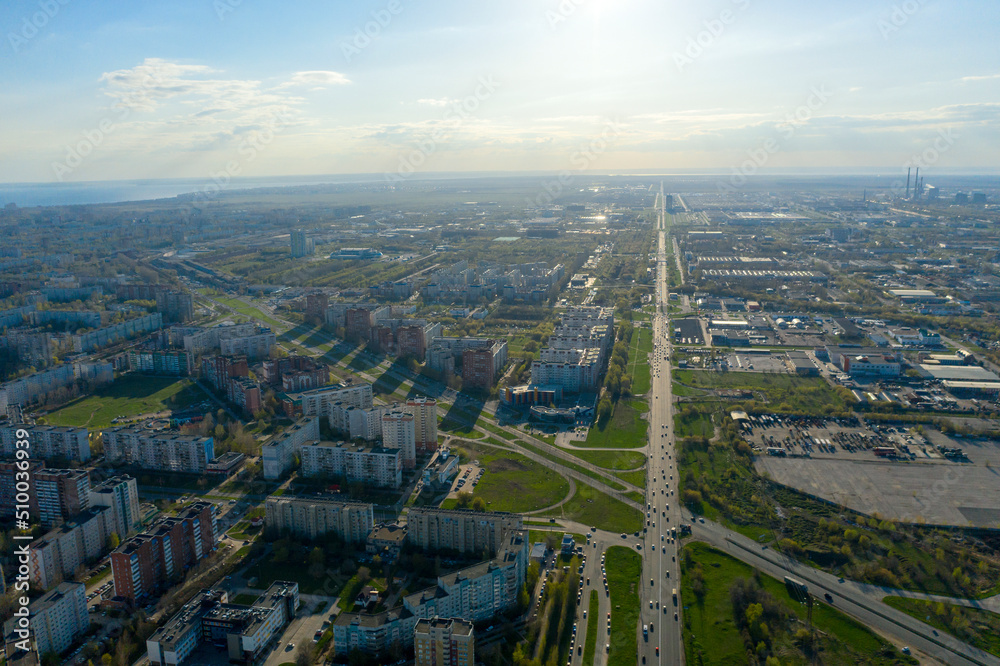 Fototapeta premium Togliatti view of the southern highway towards AvtoVAZ. Aerial city view in summer