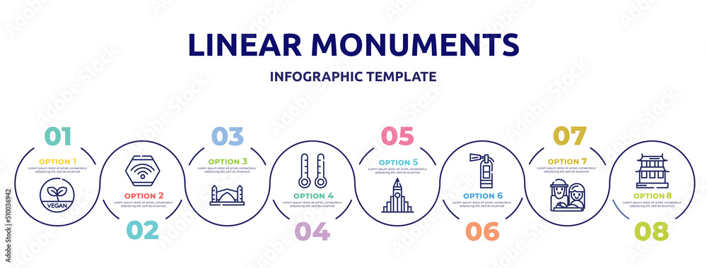 linear monuments concept infographic design template. included vegetarian, wifi connection, stari most, thermometers, , extinguishing, holy family, hall of supreme harmony icons and 8 option or
